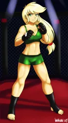 Size: 2500x4500 | Tagged: safe, artist:danmakuman, derpibooru import, part of a set, applejack, human, equestria girls, anime, boxing ring, breasts, clothes, commission, female, fingerless gloves, gloves, humanized, mma, shorts, solo, sports bra, sports shorts, ufc