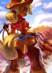 Size: 2894x4093 | Tagged: suggestive, artist:holivi, derpibooru import, applejack, anthro, bull, earth pony, absurd resolution, adorasexy, applebutt, arm freckles, ass, assless chaps, big breasts, breasts, busty applejack, butt, butt freckles, clothes, cowboy hat, cute, daisy dukes, female, freckles, front knot midriff, gloves, hat, lasso, looking back, mare, midriff, rope, sexy, shorts, solo, solo female, stetson