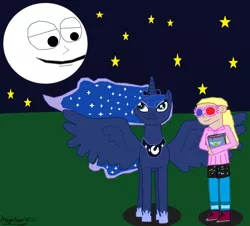 Size: 3156x2856 | Tagged: artist:megasean45, bear in the big blue house, book, crossover, derpibooru import, harry potter, human, luna lovegood, moon, night, parasprite, princess luna, safe, smiling, stars