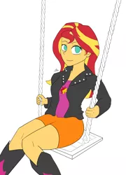 Size: 2300x3200 | Tagged: safe, artist:zachc, derpibooru import, sunset shimmer, human, equestria girls, clothes, female, looking at you, simple background, solo, swing, wip
