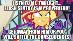 Size: 888x499 | Tagged: safe, derpibooru import, edit, edited screencap, screencap, sci-twi, sunset shimmer, twilight sparkle, equestria girls, friendship games, angry, caption, downvote bait, duo, exploitable meme, image macro, implied flash sentry, implied flashimmer, implied shipping, implied straight, meme, sunset yells at twilight, text