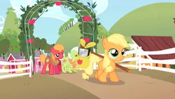 Size: 1280x720 | Tagged: safe, derpibooru import, screencap, applejack, big macintosh, granny smith, earth pony, pony, the cutie mark chronicles, bindle, blank flank, colt, colt big macintosh, cute, female, filly, filly applejack, freckles, jackabetes, male, sad, smiling, sweet apple acres, younger