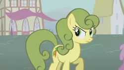 Size: 1280x720 | Tagged: safe, derpibooru import, screencap, carrot top, golden harvest, earth pony, pony, boast busters, background pony, carrot top is not amused, female, green hair, green mane, mare, palette swap, raised hoof, recolor, solo focus, unamused