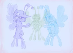 Size: 3000x2200 | Tagged: safe, artist:shukketsustar, derpibooru import, oc, oc:fairweather, oc:pattern, oc:petilia, unofficial characters only, breezie, pony, antennae, argument, cape, clothes, colored sketch, crossed arms, cute, female, frown, hat, open mouth, trio