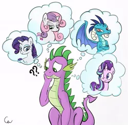Size: 665x653 | Tagged: safe, artist:cogweaver, derpibooru import, princess ember, rarity, spike, starlight glimmer, sweetie belle, dragon, pony, unicorn, :t, bedroom eyes, colored, confused, cropped, cute, cutie mark, dragoness, emberbetes, emberspike, exploitable meme, eyes closed, female, floppy ears, frown, funny, funny as hell, gritted teeth, male, meme, older, older spike, open mouth, question mark, scrunchy face, shipping, signature, simple background, smiling, sparity, sparlight, spikabetes, spike gets all the mares, spikebelle, straight, the cmc's cutie marks, thinking, thought bubble, tsundember, tsundere, white background, with great power comes great shipping, worried