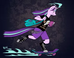 Size: 1000x789 | Tagged: safe, artist:ursa, derpibooru import, starlight glimmer, anthro, unguligrade anthro, unicorn, chains, clothes, converse, emo, female, hoof shoes, shirt, shoes, shorts, skateboard, solo, teenage glimmer, teenager