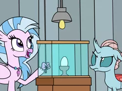 Size: 1789x1333 | Tagged: artist:eagc7, changedling, changeling, classical hippogriff, derpibooru import, duo, egg, female, hippogriff, light bulb, new student starfish, nickelodeon, ocellus, ocellus is not amused, parody, safe, silverstream, spongebob squarepants, table, unamused