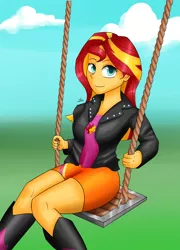 Size: 2300x3200 | Tagged: safe, artist:zachc, derpibooru import, sunset shimmer, human, equestria girls, clothes, cloud, female, looking at you, simple background, solo, swing
