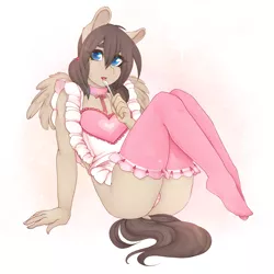 Size: 1574x1574 | Tagged: anthro, anthro oc, apron, artist:tolsticot, clothes, crossdressing, derpibooru import, femboy, freckles, male, oc, oc:snaggletooth, panties, pegasus, plantigrade anthro, simple background, socks, solo, solo male, spoon, suggestive, thigh highs, underwear, unofficial characters only