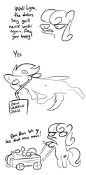 Size: 856x1744 | Tagged: safe, artist:tjpones, derpibooru import, bon bon, lyra heartstrings, sweetie drops, earth pony, pony, unicorn, bipedal, black and white, body horror, bon bon is not amused, bone hurting juice, cart, comic, drinking straw, duo, grayscale, invertebrate, l.u.l.s., lineart, monochrome, simple background, unamused, wat, white background