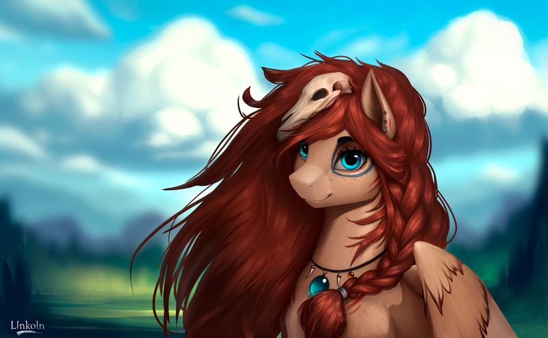 Size: 3116x1924 | Tagged: safe, artist:l1nkoln, derpibooru import, oc, oc:ondrea, unofficial characters only, pegasus, pony, braid, cloud, ear piercing, earring, female, jewelry, mare, necklace, piercing, solo