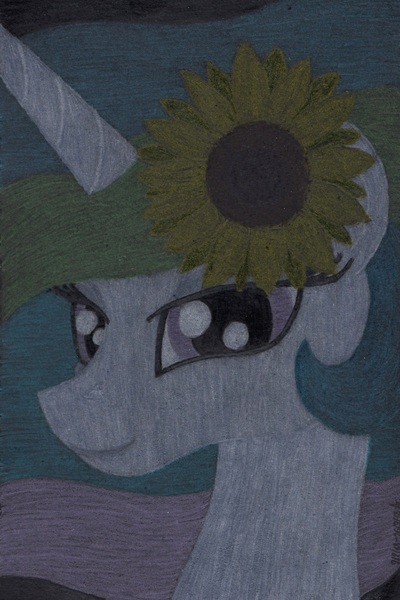 Size: 1628x2440 | Tagged: safe, artist:aracage, derpibooru import, princess celestia, alicorn, pony, bust, female, flower, flower in hair, looking at you, mare, notebook, smiling, solo, sunflower, traditional art