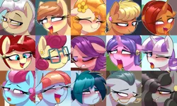 Size: 2133x1280 | Tagged: suggestive, artist:shinodage, derpibooru import, cloudy quartz, cookie crumbles, cup cake, mayor mare, ms. harshwhinny, pear butter, posey shy, spoiled rich, stellar flare, twilight velvet, windy whistles, oc, oc:beauty mark, oc:cream heart, oc:delta vee, oc:golden brooch, earth pony, pegasus, pony, unicorn, ahegao, bedroom eyes, blushing, cougar, drool, ear piercing, eyelashes, eyes closed, female, females only, floppy ears, flower, flower in hair, gilf, glasses, grin, gritted teeth, hair bun, hair over one eye, head, lidded eyes, lip bite, lipstick, looking back, looking down, looking up, makeup, mare, milf, mother, one eye closed, open mouth, piercing, red lipstick, sideways glance, smiling, spread wings, tongue out, wing fluff, wingboner, wings, wink