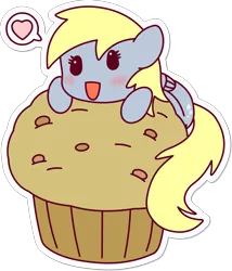 Size: 1713x2000 | Tagged: safe, artist:doctor-g, derpibooru import, derpy hooves, pegasus, pony, chibi, food, giant muffin, heart, muffin, simple background, smiling, solo, transparent background