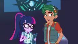 Size: 1280x720 | Tagged: safe, derpibooru import, screencap, sci-twi, timber spruce, twilight sparkle, equestria girls, equestria girls series, star crossed, clothes, female, geode of telekinesis, glasses, hat, magical geodes, male, map, ponytail, vest