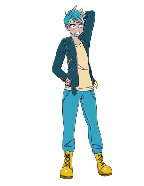 Size: 2550x3300 | Tagged: artist:sammikuma, boots, clothes, derpibooru import, gallus, human, humanized, jacket, male, pants, safe, shoes, smiling, solo