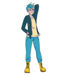 Size: 2550x3300 | Tagged: artist:sammikuma, boots, clothes, derpibooru import, gallus, human, humanized, jacket, male, pants, safe, shoes, smiling, solo