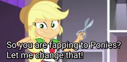 Size: 1480x720 | Tagged: semi-grimdark, suggestive, derpibooru import, edit, edited screencap, screencap, applejack, diy with applejack, equestria girls, equestria girls series, spoiler:eqg series (season 2), arm behind head, caption, image macro, imminent castration, implied masturbation, looking at you, nauseous, scissors, smiling, solo, talking to viewer, text, this will end in pain, this will not end well