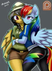 Size: 619x850 | Tagged: safe, artist:iloota, derpibooru import, daring do, rainbow dash, anthro, pegasus, equestria girls, equestria girls series, ass, beautiful, beautisexy, bedroom eyes, breasts, busty daring do, busty rainbow dash, butt, clothes, daringdash, denim shorts, equestria girls outfit, female, gray background, hat, hug, jacket, leggings, lesbian, lidded eyes, mare, pants, patreon, patreon logo, patreon reward, pink eyes, pith helmet, sexy, shipping, shirt, shorts, signature, simple background, smiling, surprised, t-shirt, thighs, wings, wristband