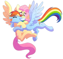 Size: 3170x3008 | Tagged: safe, artist:yaaaco, derpibooru import, fluttershy, rainbow dash, pony, eyes closed, female, flutterdash, hug, lesbian, mare, open mouth, shipping, simple background, transparent background