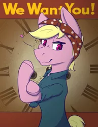 Size: 928x1200 | Tagged: safe, artist:lula-moonarts, derpibooru import, oc, unofficial characters only, pony, advertisement, bandana, bipedal, convention, looking at you, rosie the riveter, solo