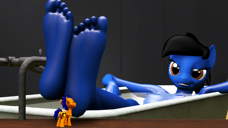 Size: 3020x1698 | Tagged: suggestive, artist:scalelover, artist:shrunkenlover, derpibooru import, oc, oc:nicole, unnamed oc, unofficial characters only, anthro, earth pony, plantigrade anthro, pony, 3d, anthro with ponies, barefoot, bath, bathtub, breasts, crossed legs, eyes closed, feet, fetish, foot fetish, foot focus, foot worship, licking, lucky, micro, nipples, nudity, open mouth, size difference, source filmmaker, tongue out, water
