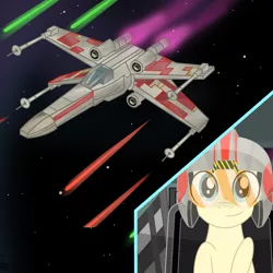 Size: 2500x2500 | Tagged: safe, artist:pizzamovies, derpibooru import, oc, oc:pizzamovies, unofficial characters only, pony, cockpit, laser, male, rebellion, smiling, solo, space, spaceship, star wars, starfighter, stars, window, x-wing