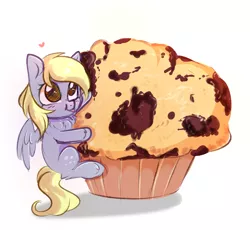 Size: 2718x2502 | Tagged: safe, artist:pesty_skillengton, derpibooru import, derpy hooves, pegasus, pony, blushing, chest fluff, chibi, chocolate, cute, derpabetes, food, giant muffin, heart, hug, muffin, simple background, solo, tongue out, white background