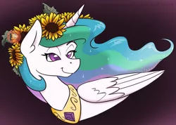 Size: 1280x912 | Tagged: safe, artist:cadetredshirt, derpibooru import, princess celestia, alicorn, pony, advertisement, bust, commission, cute, cutelestia, digital art, ear fluff, ethereal mane, eyes open, female, flower, flower in hair, folded wings, gradient background, horn, jewelry, lidded eyes, long mane, looking up, mare, missing accessory, patreon, patreon logo, patreon preview, patreon reward, peytral, regalia, relaxed, side, signature, simple background, smiling, solo, sparkles, sunflower, wings