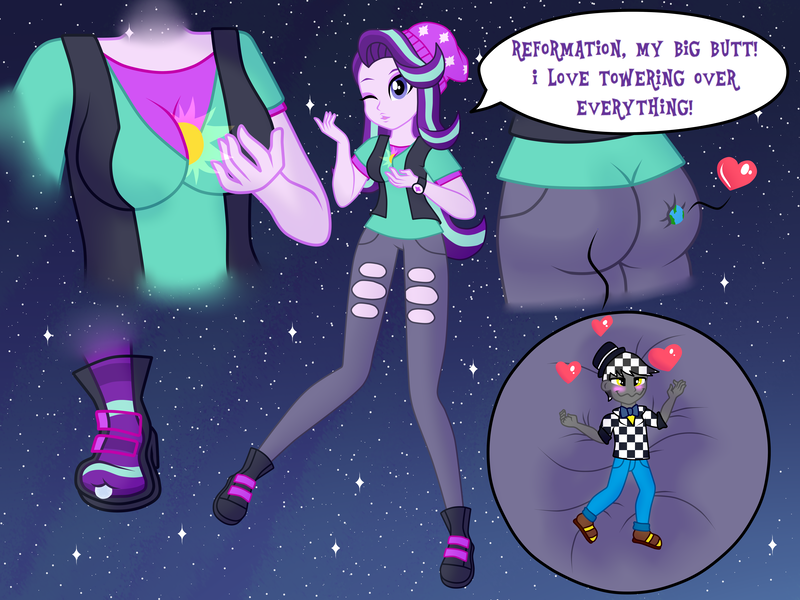 Size: 8000x6000 | Tagged: suggestive, artist:blu-wisteria, derpibooru import, starlight glimmer, oc, oc:checkerboard, equestria girls, mirror magic, spoiler:eqg specials, absurd resolution, ass, beanie, bigger than a planet, breasts, busty starlight glimmer, butt, earth, female, giantess, giga starlight glimmer, glimmer glutes, hat, heart, macro, macro/micro, moon, space, speech bubble, sun, xk-class end-of-the-world scenario