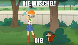 Size: 861x500 | Tagged: semi-grimdark, derpibooru import, edit, edited screencap, screencap, applejack, squirrel, diy with applejack, equestria girls, equestria girls series, spoiler:eqg series (season 2), axe, dingo pictures, imminent death, meme, murder, phelan porteous, phelous, wabuu, weapon, wuschel the squirrel