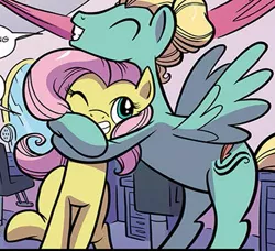 Size: 389x354 | Tagged: safe, artist:kate sherron, derpibooru import, idw, fluttershy, zephyr breeze, pegasus, pony, spoiler:comic, spoiler:comic74, brother and sister, comic, cropped, cute, cutie mark, female, grin, hug, male, official comic, one eye closed, siblings, smiling, wings