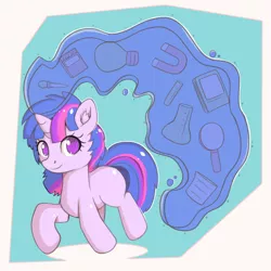 Size: 1400x1400 | Tagged: safe, artist:anonbelle, derpibooru import, twilight sparkle, pony, beaker, bulb, items, looking glass, magic, magnet, notebook, redesign, smiling, solo, test tube