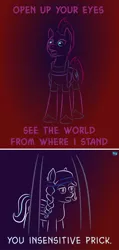 Size: 572x1199 | Tagged: safe, artist:quint-t-w, derpibooru import, tempest shadow, oc, oc:snowdrop, pegasus, pony, unicorn, my little pony: the movie, alternate universe, blind, blind joke, broken horn, cage, gradient background, horn, insult, open up your eyes, singing, talking, we are going to hell