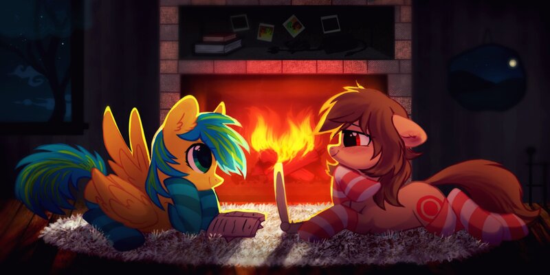 Size: 2828x1414 | Tagged: safe, artist:mirtash, derpibooru import, oc, oc:fun fact, oc:jade melody, unofficial characters only, earth pony, pegasus, pony, blushing, book, clothes, commission, duo, female, fireplace, floppy ears, looking at each other, mare, notebook, rcf community, smiling, socks, striped socks, tree, window