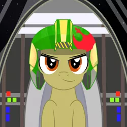 Size: 2500x2500 | Tagged: safe, artist:pizzamovies, derpibooru import, oc, oc:twister breeze, unofficial characters only, pony, brown eyes, cockpit, grin, helmet, looking at you, male, pilot, rebellion, smiling, solo, space, space ship, stallion, star wars, stars