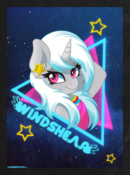 Size: 1200x1622 | Tagged: safe, artist:ciderpunk, derpibooru import, oc, oc:windshear, unofficial characters only, pony, 80s, bust, ear piercing, earring, jewelry, looking at you, neon, piercing, solo, synthwave