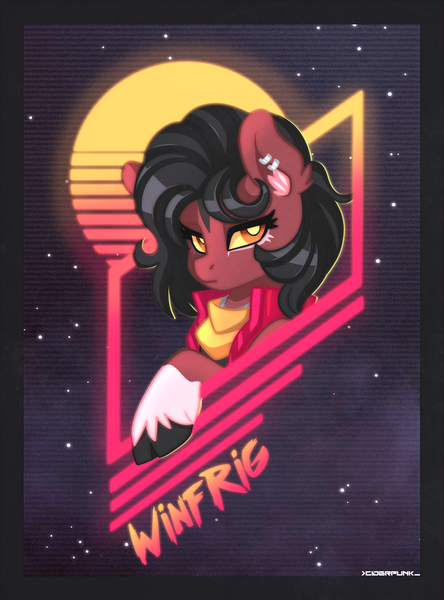 Size: 1200x1622 | Tagged: safe, artist:ciderpunk, derpibooru import, oc, oc:winfrig, unofficial characters only, pony, 80s, bandana, bust, clothes, looking at you, neon, solo, synthwave, vest