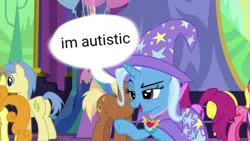 Size: 540x304 | Tagged: safe, artist:lulamxxn, derpibooru import, edit, edited screencap, screencap, berry punch, berryshine, carrot top, cherry berry, golden harvest, goldengrape, meadow song, sir colton vines iii, trixie, earth pony, pony, unicorn, celestial advice, autism, autistic trixie, broken english, cape, clothes, equestrian pink heart of courage, female, hat, headcanon, mare, neurodivergent headcanon, op is trying too hard, solo focus, underhoof