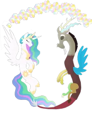 Size: 1500x1995 | Tagged: safe, artist:mr100dragon100, derpibooru import, discord, princess celestia, clothes, design, dislestia, female, male, shipping, shirt, straight, t-shirt