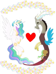 Size: 1500x1995 | Tagged: safe, artist:mr100dragon100, derpibooru import, discord, princess celestia, clothes, design, dislestia, female, male, second version, shipping, shirt, straight, t-shirt