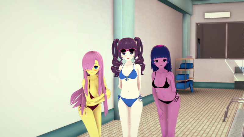 Size: 1280x720 | Tagged: 3d, artist:taverisboi, bikini, blushing, breasts, cleavage, clothes, derpibooru import, fluttershy, human, humanized, koikatsu, looking at you, poolside, rarity, suggestive, swimsuit, twilight sparkle