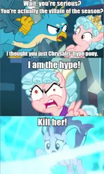 Size: 640x1077 | Tagged: safe, derpibooru import, edit, edited screencap, screencap, cozy glow, gallus, starlight glimmer, pegasus, pony, school raze, caption, cell (dbz), cozybuse, dragonball z abridged, female, filly, hercule, i am the hype, image macro, meme, mr. satan, text, vegeta