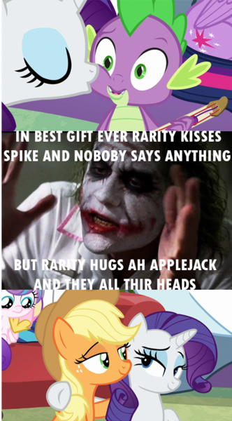 Size: 430x776 | Tagged: safe, derpibooru import, screencap, applejack, princess flurry heart, rarity, spike, twilight sparkle, twilight sparkle (alicorn), alicorn, best gift ever, caption, female, grammar error, heath ledger, image macro, kissing, lesbian, male, meme, misspelling, rarijack, shipping, sparity, straight, text, the dark knight, the joker