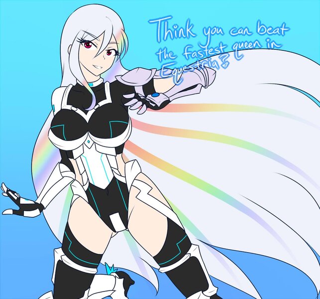 Size: 1280x1195 | Tagged: alternate hairstyle, alternate universe, anime, armor, artist:jonfawkes, big breasts, blue background, breasts, busty rainbow dash, corrupted, curvy, derpibooru import, eyebrows, eyebrows visible through hair, eyelashes, gauntlet, gradient background, hourglass figure, human, humanized, implied rainbow dash, long hair, looking at you, oc, oc:lunar rainbow, pauldron, rainbow dash, series:nightmare war, sexy, simple background, skintight clothes, smiling, suggestive, text, underass, winged humanization, wings