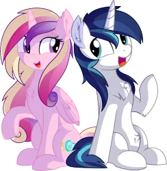 Size: 6649x6825 | Tagged: safe, artist:aureai-sketches, artist:cyanlightning, derpibooru import, princess cadance, shining armor, alicorn, pony, unicorn, .svg available, absurd resolution, chest fluff, cute, cutedance, ear fluff, female, folded wings, lidded eyes, looking at each other, male, mare, missing accessory, open mouth, shiningcadance, shipping, simple background, sitting, smiling, stallion, straight, transparent background, vector, wings