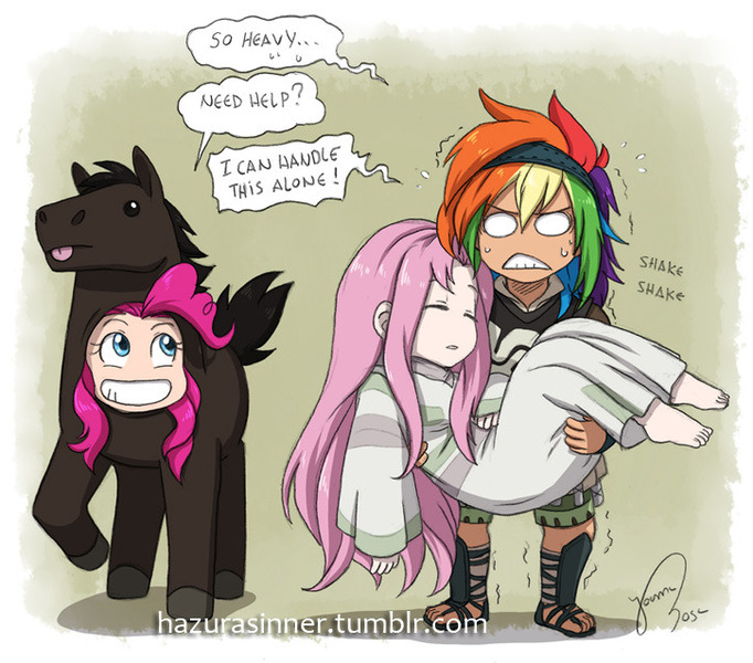 Size: 725x638 | Tagged: agro, artist:hazurasinner, bridal carry, carrying, clothes, costume, crossover, derpibooru import, fluttershy, horse, human, humanized, mono, pinkie pie, rainbow dash, safe, shadow of the colossus, video game, wander, white eyes