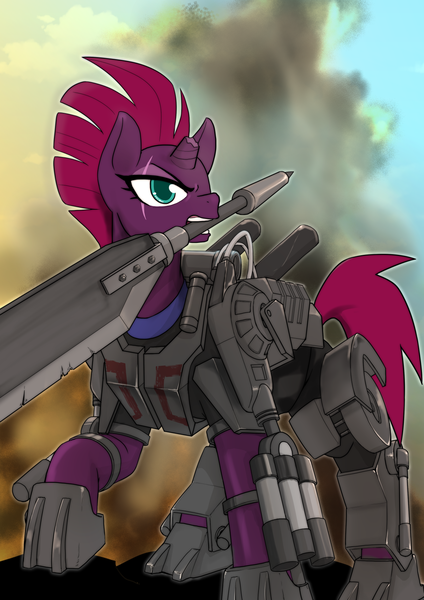 Size: 1240x1754 | Tagged: safe, artist:commissarbu, derpibooru import, tempest shadow, pony, armor, blade, broken horn, edge of tomorrow, emily blunt, eye scar, horn, mouth hold, power armor, propeller blade, rita vrataski, scar, solo, sword, voice actor joke, weapon