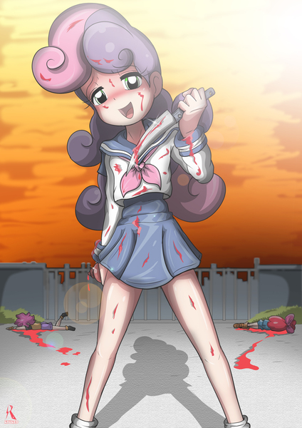 Size: 2067x2923 | Tagged: apple bloom, artist:ryured, clothes, crossover, cutie mark crusaders, derpibooru import, food, high res, human, humanized, implied murder, ketchup, knife, not blood, open mouth, sauce, school uniform, scootaloo, semi-grimdark, sweetie belle, video game crossover, yandere, yandere simulator