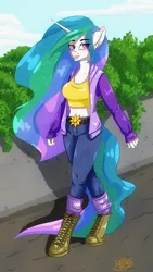 Size: 2019x3583 | Tagged: anthro, artist:lucaaegus, clothes, derpibooru import, female, princess celestia, safe, smiling, solo, walking